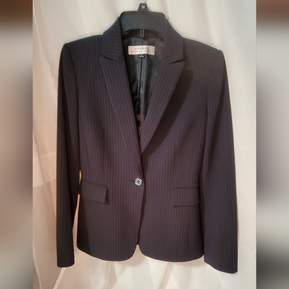 Tahari Navy Blue Pinstripe Contemporary Skirt Suit - Picture 4 of 6